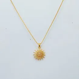 22kt Plated 1mm Box Chain With Big Sun Theme Design With Round Line Stone Pendant for Women-18 inches