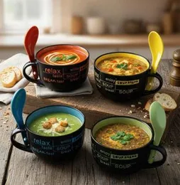 Mag with Spoon, Set of 4 Cup With Assorted Colours and Matching Spoon, High-Grade Ceramic for Soups, Miso soup, Ramen and More with Distinctive Spoon