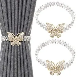 HASTHIP® 2pcs Curtain Tie Backs Metal TieBacks with Classy Small Pearl Elastic Rope Curtain Holders Tieback for Home Office Hotel Window Drape Decor (