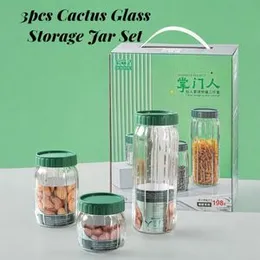 Cactus 3pcs Glass Storage Jar Set