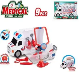 9 Pcs Ambulance First Aid Truck Workshop with Accessories for Kids - Lights & Sounds Medical Storage Ambulance Van Truck for Push & Play