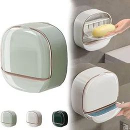 Luxury Soap Holder with Drain Tray, Waterproof Soap Dish with Drainage Box, Soap Box, Soap Dish with Lid, Wall Mounted Drain Soap Box with Flip Lid fo
