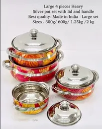 Stainless Steel Kitchen Serving and Cooking Handi Set Pot with Lid and Handle (Set of 4) Cookware Set (Steel, 4 - Piece)