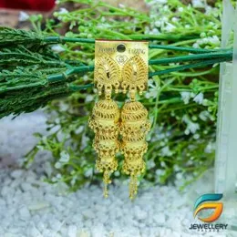 Gold Plated Jimikki Earrings Traditional Gold Jhumkas Design Real Gold Pattern Three Step Jhumkas With Gold Chain for Wedding - Stylish Three step Jim