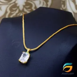 Gold Plated Chain With Pendant 18/24 inch 02MM Fox Chain with White Box Shape Stone Pendant Necklace for Ladies & Girl-60cm