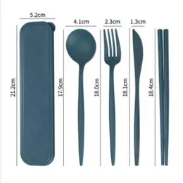 4PCS Set Wheat Straw Tableware Box Spoon Fork Chopsticks Cutlery Dinnerware(GREEN)