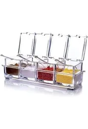 Clear Seasoning Rack Spice Pots - 4 Piece Acrylic Seasoning Box - Storage Container Condiment Jars - Cruet with Cover and Spoon