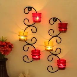 TIED RIBBONS Set of 2 Wall Hanging Tealight Candle Holder Metal Wall Sconce with Glass Cups - Diwali Decoration Items for Home and Diwali Gifts (Pack