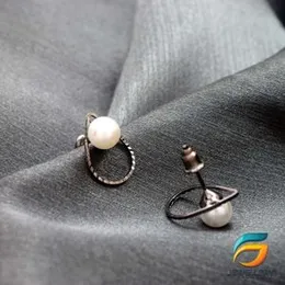 Earrings For Women Water Drop Theme Black Silver Plated Stud Earrings With Pearl.