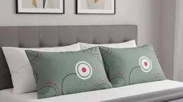Pair of sage green pillowcases with a pink and white circle pattern. 2 Pcs