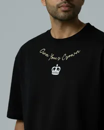 CRWN “Own Your CRWN” Oversized T-Shirt for Men – Gold Print Logo Design (Black & White)
