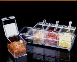 4PCS Crystal Clear Seasoning Box Acrylic Spice Rack Storage Container Condiment Jars with Cover and Spoon