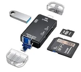 6-in-1 OTG Card Reader & Hub – Type-C, USB & Micro USB Ports | High-Speed SD/TF Adapter (Black)