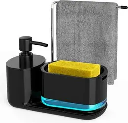 Dish Soap Dispenser with Sponge Holder, Rag Holder and Tray, 4-in-1 Organizer for Kitchen Sink Countertop,