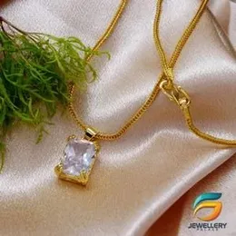 Gold Plated Chain With Pendant 18/24 inch 02MM Fox Chain with White Box Shape Stone Pendant Necklace for Ladies & Girl.