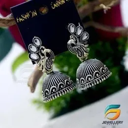 Black Silver Plated Jimikki Earrings Peacock Design With White Stone For Women.
