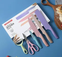 Colorful Kitchen Knife Set 6 PCS Non Stick Coating Chef Boxed Knives for Cooking Camping Travel Picnic BBQ and RV