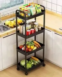 Four-tier rolling storage cart, often used in kitchens or bathrooms for organization.