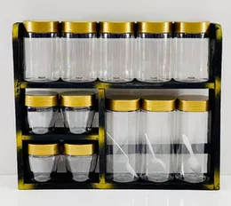 Wooden Wall Mount Kitchen Spice Rack with Gold Lid Bottles – Premium Spice Organizer for Modern Kitchens