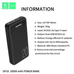 DENMEN DP10 High-Quality Power Bank – 20,000mAh Battery Capacity, Fast Charging Support, Sleek Portable Design – Ideal for Smartphones & Tablets (Blac