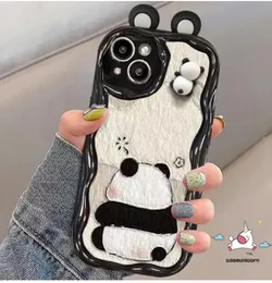 Cartoon 3D Doll Panda Couples Case Compatible For IPhone 7Plus XR 13 15 11 14 12 Pro Max 8 6 7 6S Plus X XS MAX SE 2020Cute Oil Paint Panda 3D Wavy Cu