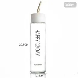 Cute Smile Transparent BPA Free Creative Matte Glass Water Bottle with Portable Rope - 350ml Portable Frosted Drink Container Contracted Bottle-Cup -