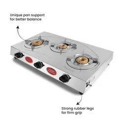 Premium Stainless Steel 3 Burner LPG Indian Gas Cooker with SS Pan Support
