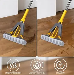 Sponge Mop Self Wringing Mop with 3pcs Absorbent Sponge Head Hand Wash Free Mop 50 Inch Long Handle for Hardwood Laminate Tile Marble Floor Cleaning