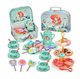 Kids Girls Toy Pretend Play Tin Tea Set Mermaid With Food and Carrying Case 48 Pieces (0642)