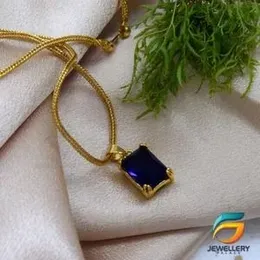 Gold Plated Chain With Pendant 18/24 inch 02MM Fox Chain with Blue Box Shape Stone Pendant Necklace for Ladies & Girl Oval Shape Stone Pendant Necklac