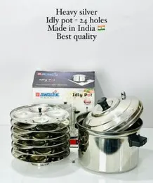 Silver Idly Pot – Stainless Steel Cooker | 21 Idli Stand + Dokhla Plates | Durable & Efficient