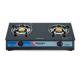 Innovex Glass Top Gas Cooker IGS005GN – Single Line Double Burner with Brass & Stainless Steel Components