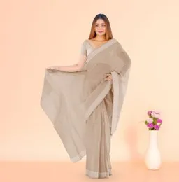 MUSTARD BROWN WITH WHITE STITCH BOARDER ORGANZA COTTON