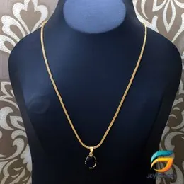 Gold Plated Chain With Pendant 18/24 inch 02MM Fox Chain with Dark Blue Oval Shape Stone Pendant Necklace for Ladies & Girl.