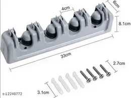 Mop Broom Holder 5 Hooks Non Slip Automatic Lock Wall Mounted Hanger with Hooks for Closet Rakes Garden Sports Equipment Ash