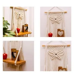 tms Macrame Wall Hanging Shelf | Wood Floating Hanging Shelf Storage Shelf Bohomian Wall Décor (Size 12x 5 x 24 Inches) 1 Pcs, Off-White