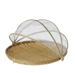 1Pc Hand Woven Bug Proof Basket Dustproof Picnic Basket Handmade Fruit Vegetable Bread Cover Wicker Basket With Gauze