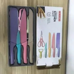 Macaroon Colourful Straw Six Piece Knife Set Home Kitchen Vegetable Knife Meat Cutting Stainless Steel Gift Box Knife