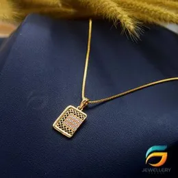 Gold Plated Guaranteed 18/24 inch 01mm Box Chain with Box Pendant With White Stone Necklace for Ladies-60cm