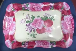 Steel Tray with a pink and red rose pattern.  Size - 38cm X 25cm