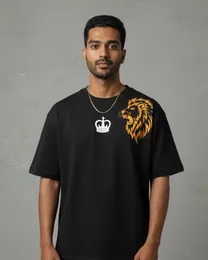 Oversized T-Shirt with Center Crown & Left Shoulder Lion Head Design – Black Navy Blue & White