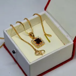 Elegant Ruby Square Pendant Necklace for Women – Gold Plated Crystal Jewelry Long Chain