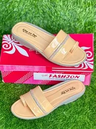 Ladies PU Heel Slippers Beige Size 36-41