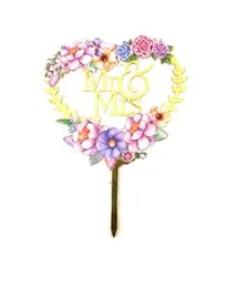 Bride To Be Mrs & Mr Anniversary Plastic Gold Heart Cake Topper with Flowers Decorations