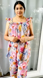PIJAMA Suit ,Pink Printed Flower Floral Viscose Material Night Dress for Homely women's