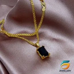 Gold Plated Chain With Pendant 18/24 inch 02MM Bismark Chain with Black Stone Pendant Necklace for Ladies & Girl-60cm