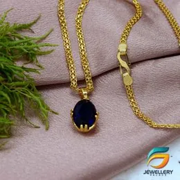 Gold Plated Chain With Pendant 18/24 inch 02MM Bismark Chain with Dark Blue Oval Shape Stone Pendant Necklace for Ladies & Girl-60cm