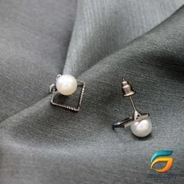 Earrings For Women Box Theme Black Silver Plated Stud Earrings With Pearl.