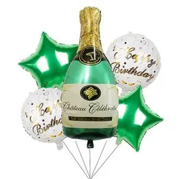 5 Pcs Happy Birthday Foil Set with Large Green Champagne Bottle for Celebrations - Decoration Balloons