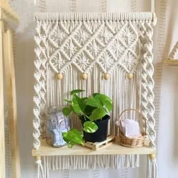 TMS Unique Design Boho Handmade Macrame Decorative Wooden Wall Mounted Hanging Home Decors Storage Floating Shelf for Books and Planters Livingroom, B